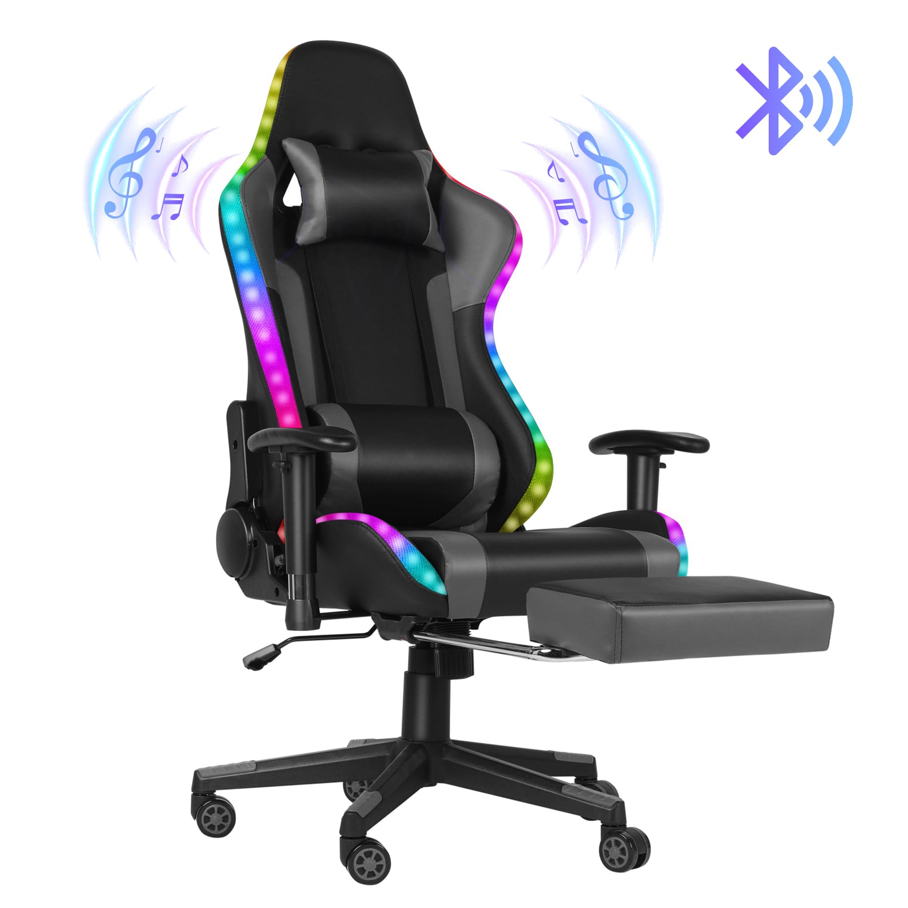 Gaming-Stuhl mit RGB-LED & Lautsprechern, ergonomischer Racing-Sessel mit Fußstütze, Schwarz