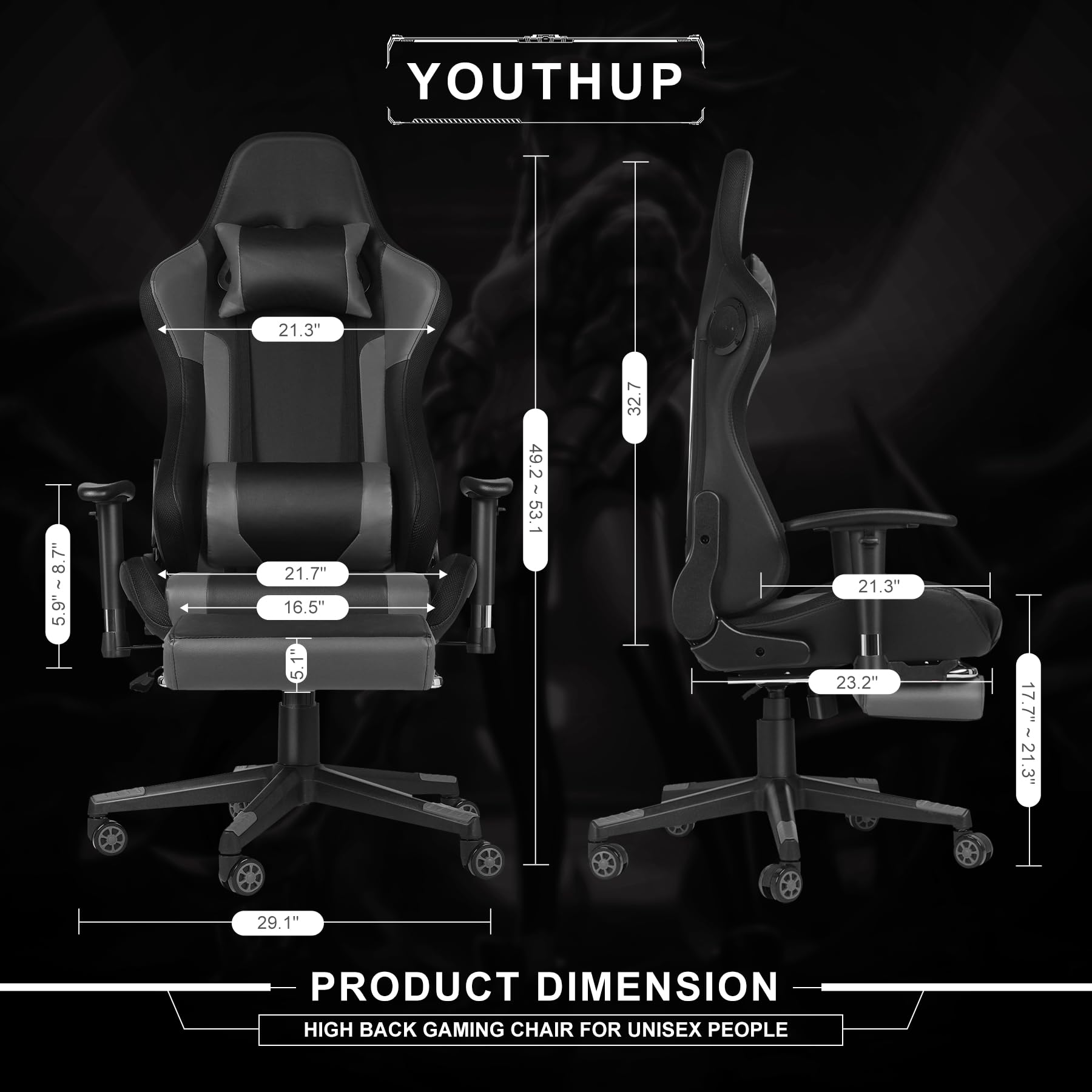 Gaming-Stuhl mit RGB-LED & Lautsprechern, ergonomischer Racing-Sessel mit Fußstütze, Schwarz