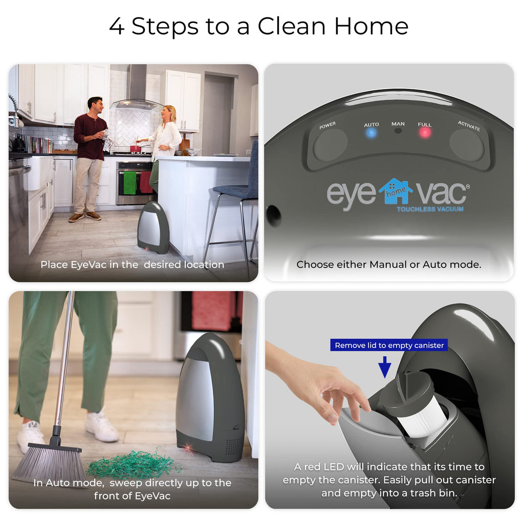 EyeVac Home Saugstation mit Sensortechnik, beutelloser Staubsauger-Kehrbesen, 1000 Watt, Silber