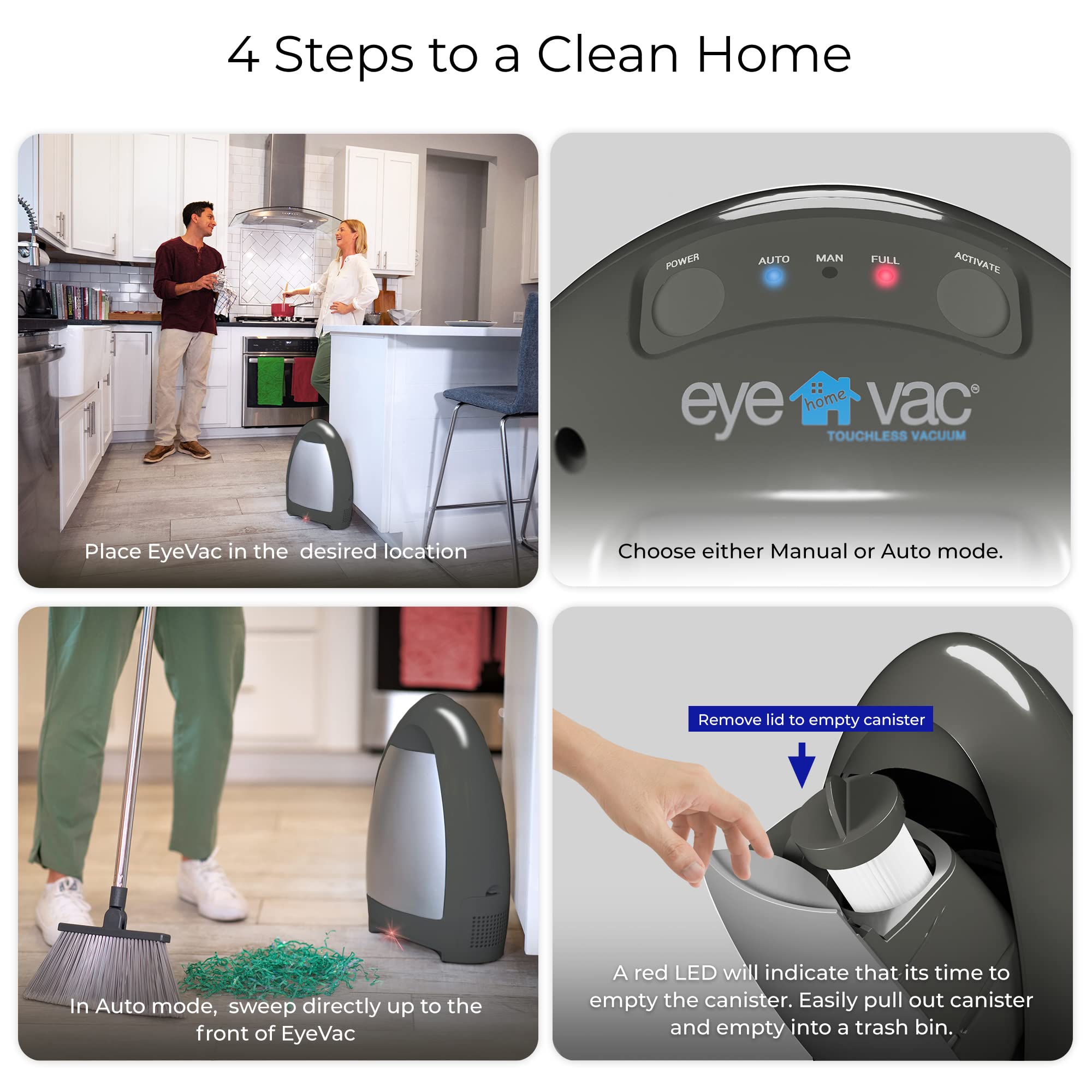 EyeVac Home Saugstation mit Sensortechnik, beutelloser Staubsauger-Kehrbesen, 1000 Watt, Silber