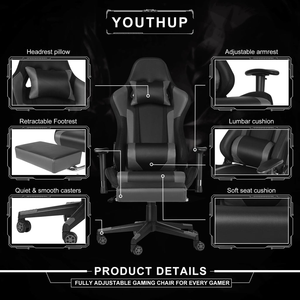 Gaming-Stuhl mit RGB-LED & Lautsprechern, ergonomischer Racing-Sessel mit Fußstütze, Schwarz