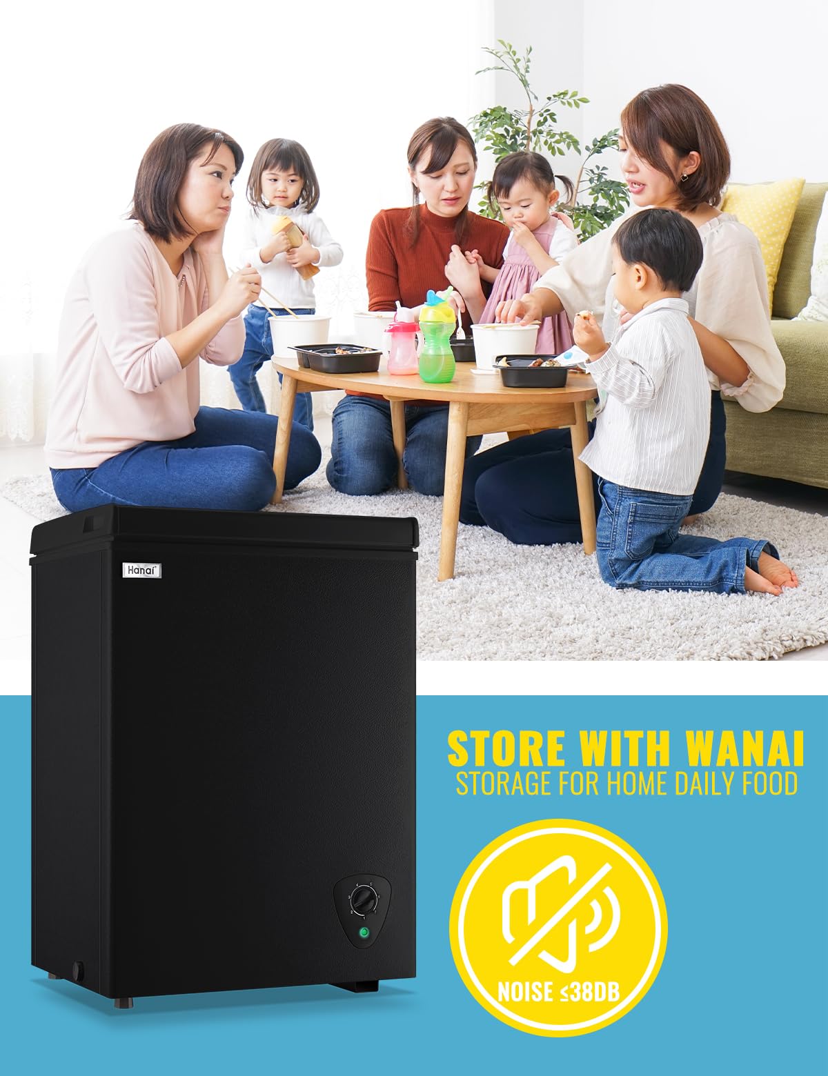 WANAI Gefriertruhe 99 Liter, 3,5 cu. ft. Mini-Gefrierschrank, 7 Temperaturstufen, leise, mit Korb