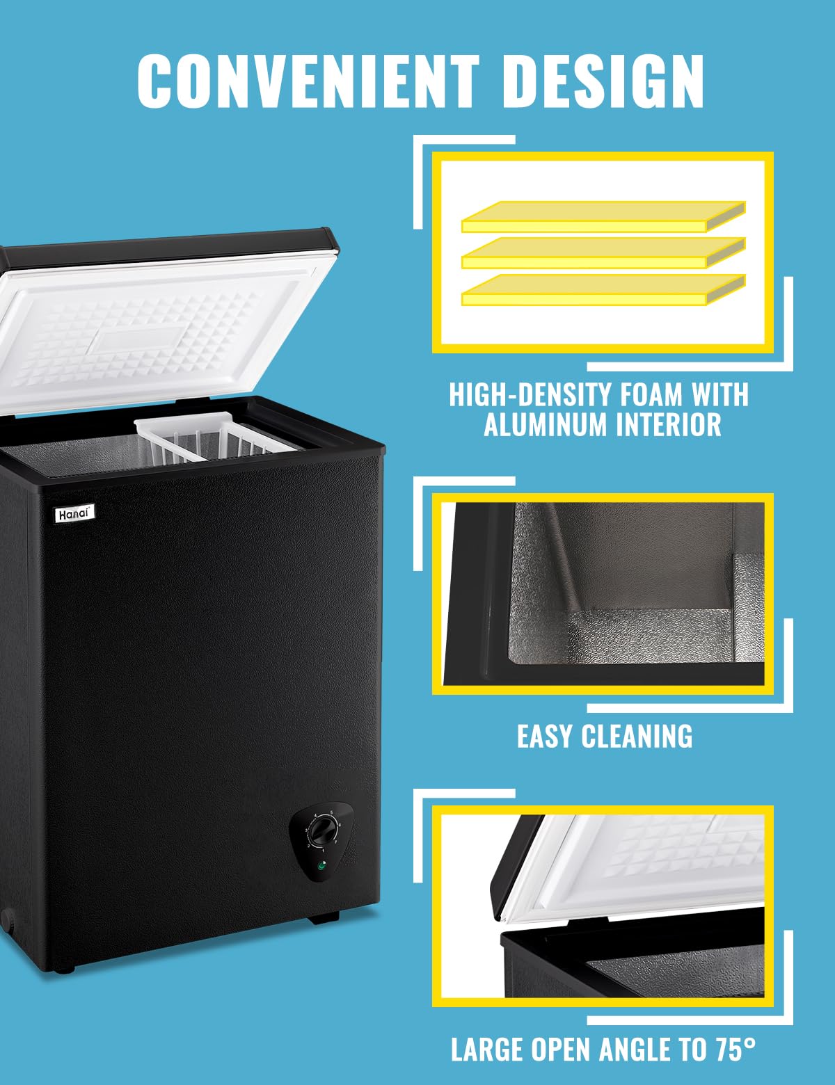 WANAI Gefriertruhe 99 Liter, 3,5 cu. ft. Mini-Gefrierschrank, 7 Temperaturstufen, leise, mit Korb